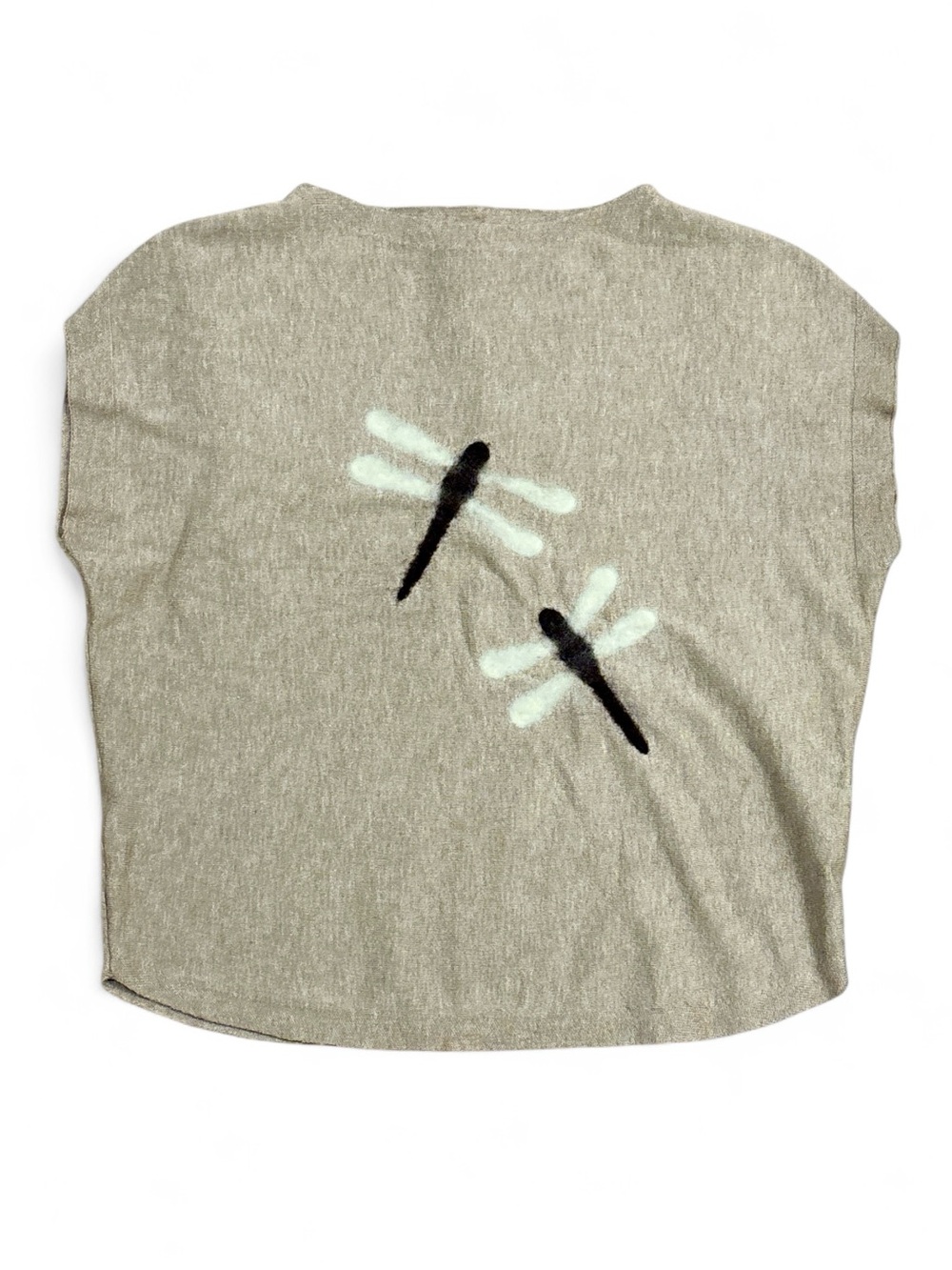 Sioni Dragonfly Graphic Felted Knit Boxy Top / Cap Sleeve Sweater Beige SZ. S